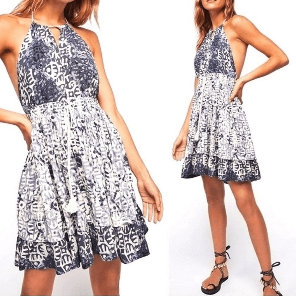 Free People XS Blue White Halter Open Back Boho Sundress